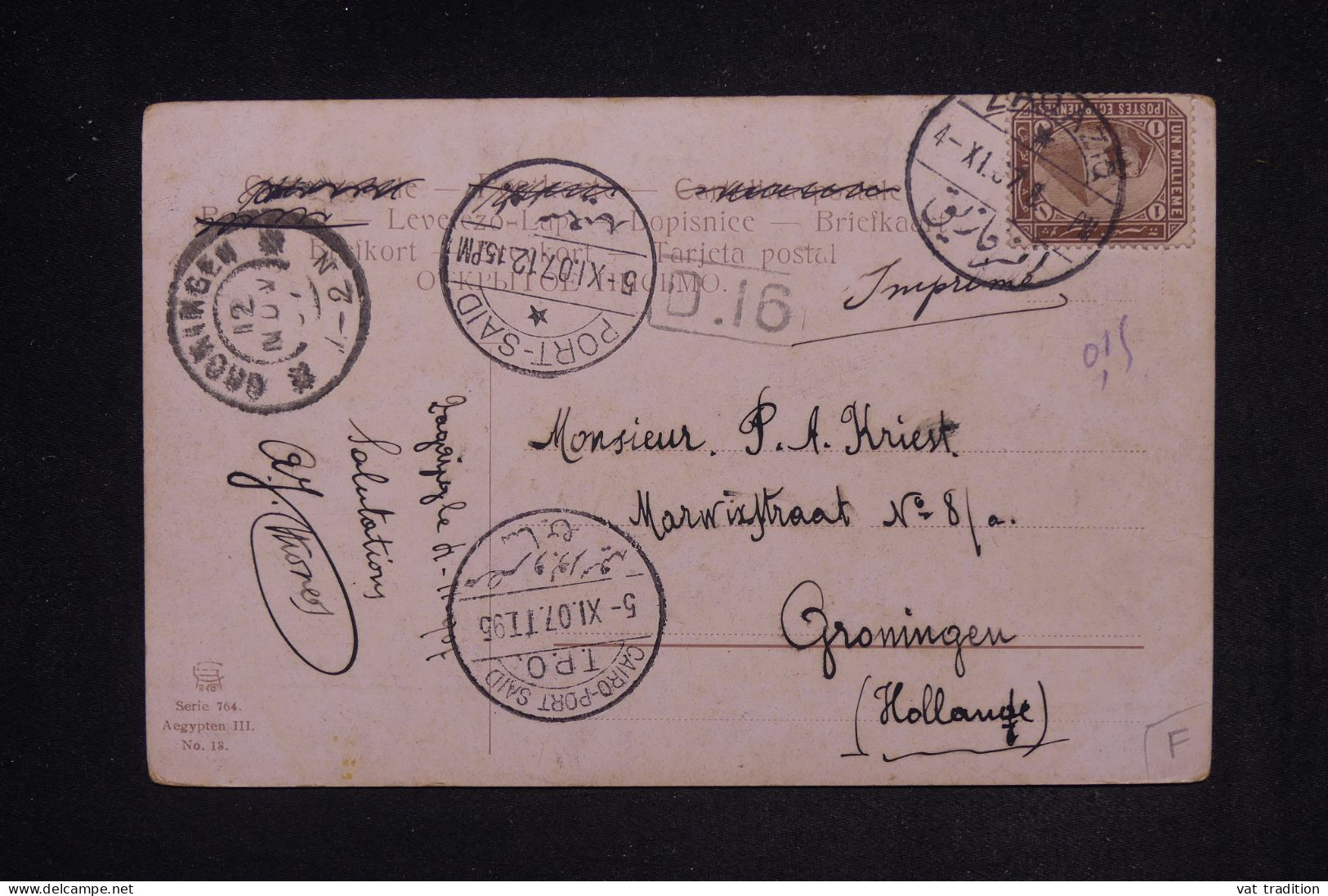 EGYPTE - Affranchissement De Zagazig Sur Carte Postale Pour Les Pays Bas En 1907 - L 149419 - 1866-1914 Khédivat D'Égypte