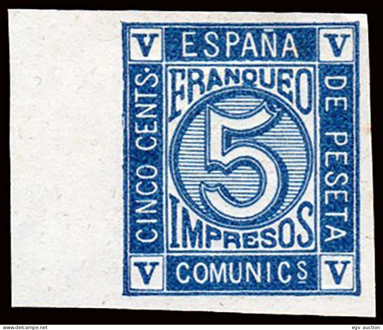 España - (*) - Cifras 1872 - Ensayo Color 5cts. Azul Oscuro S/dentar - Borde Hoja - Gálvez 772 - Nuovi