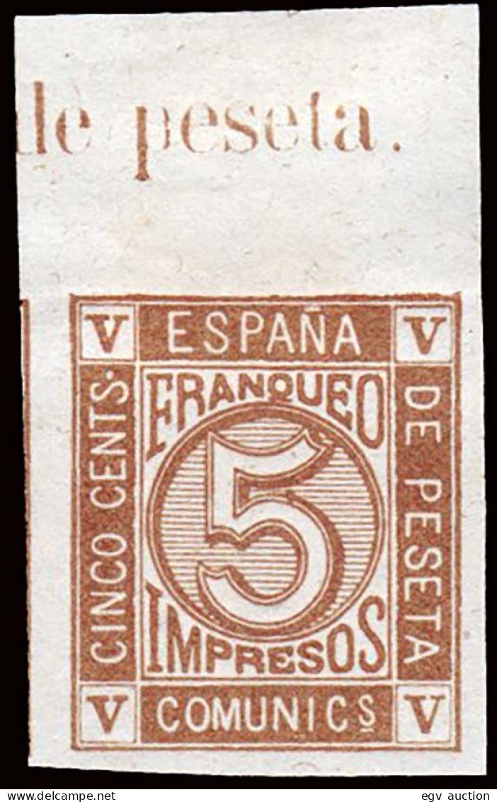 España - (*) - Cifras 1872 - Ensayo Color 5cts. Castaño Amarillo - S/dentar - Borde Hoja - Gálvez 774 - Nuevos