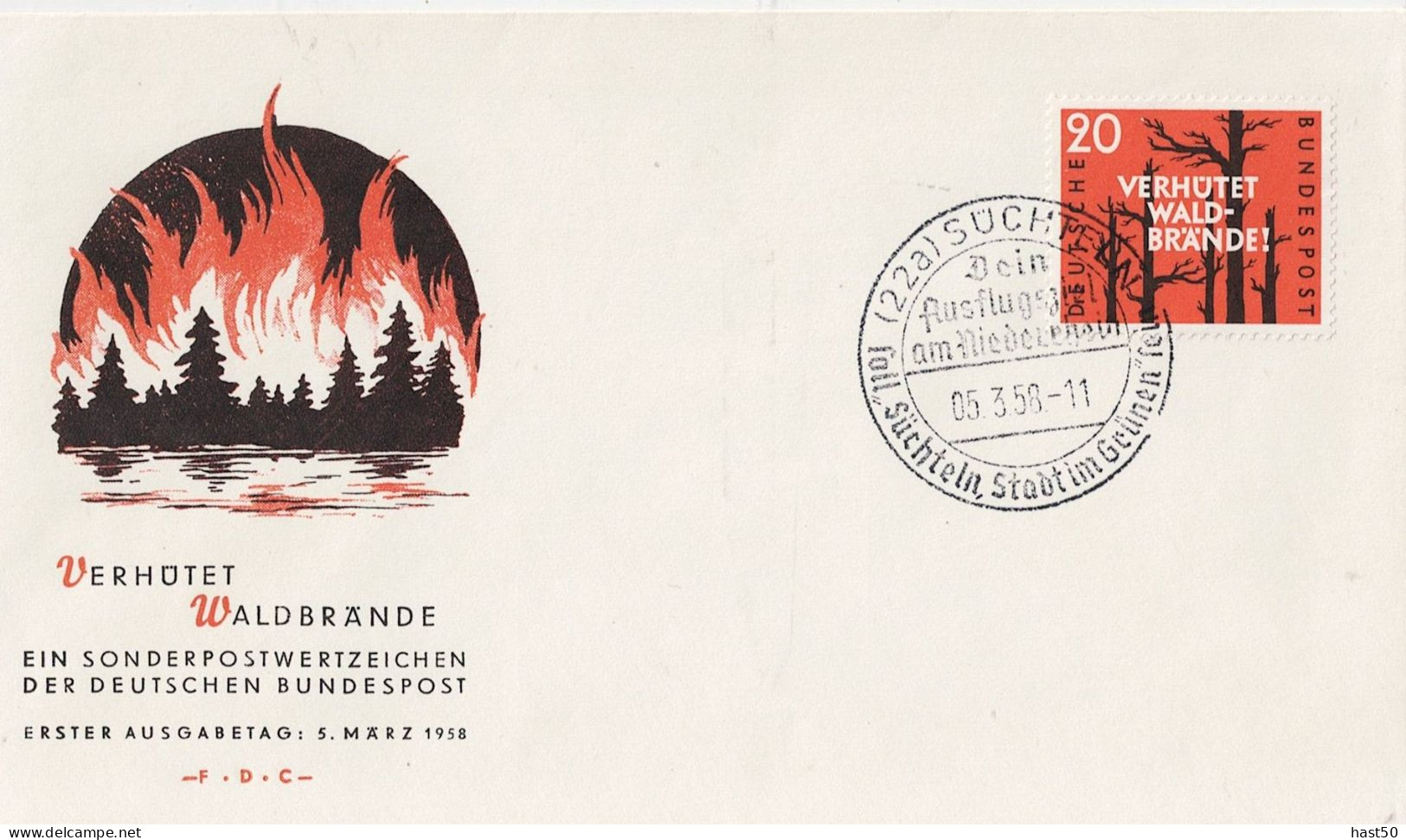 BRD FRG RFA - Verhütet Waldbrände (MiNr: 283)  1958 -  Illustrierter FDC - 1948-1960