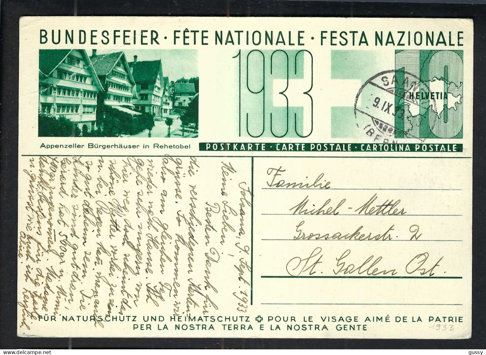 SUISSE Ca.1933: CP Ill. Entier De 10c De La Fête Nationale Suisse, Obl. CAD Saanen (BE) Pour St Gallen (SG) - Entiers Postaux