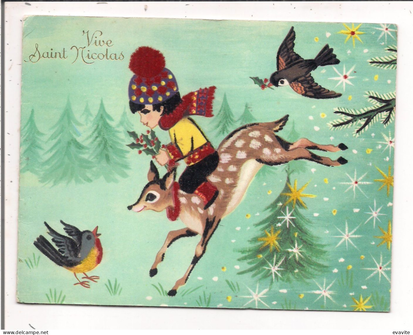 Carte Double Aspect Velours Ras - VIVE SAINT-NICOLAS   Enfant, Biche, Oiseaux - Saint-Nicolas