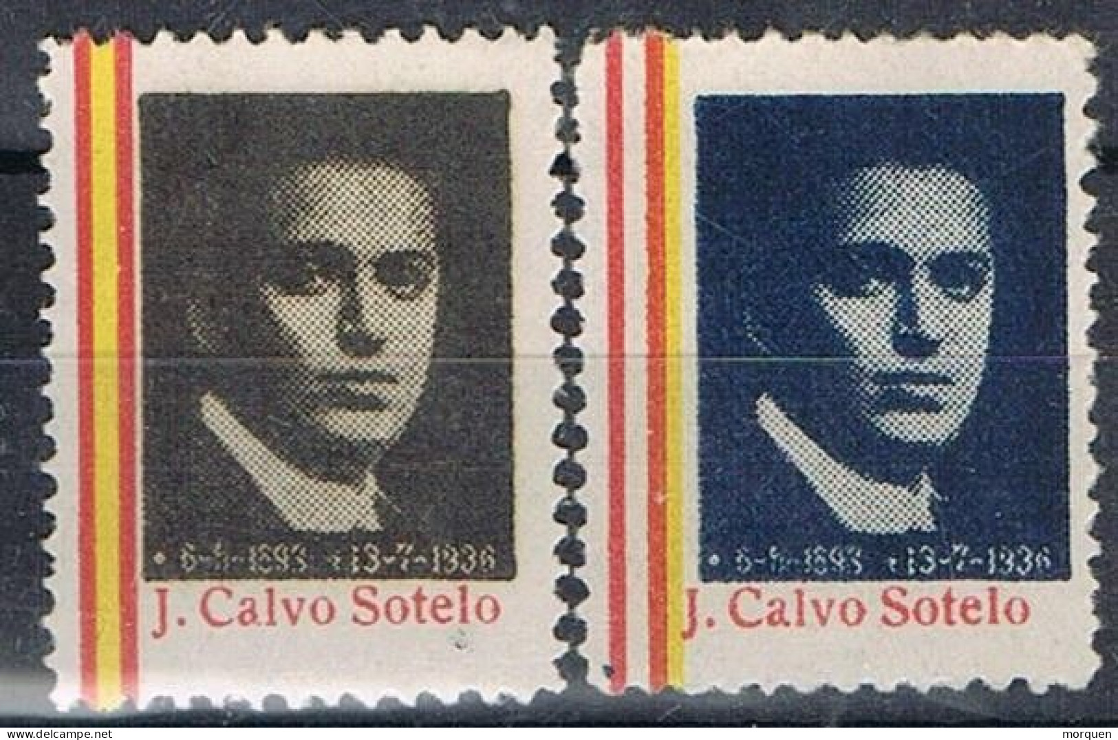 Dos Sellos Viñeta, Muerte CALVO SOTELO, Falange, Guerra Civil ** - Spanish Civil War Labels