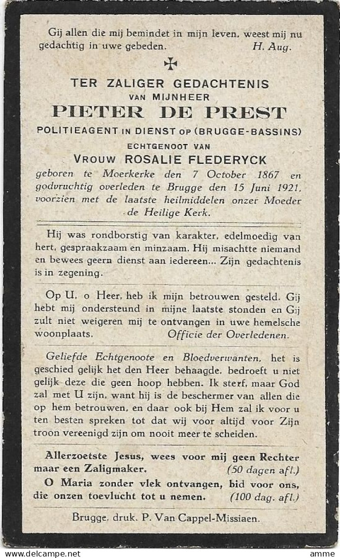 Doodsprentje  *  De Prest Pieter (° Moerkerke 1867 / + Brugge 1921)  X Flederyck Rosalie (Politieagent Brugge-Bassins) - Religion & Esotérisme