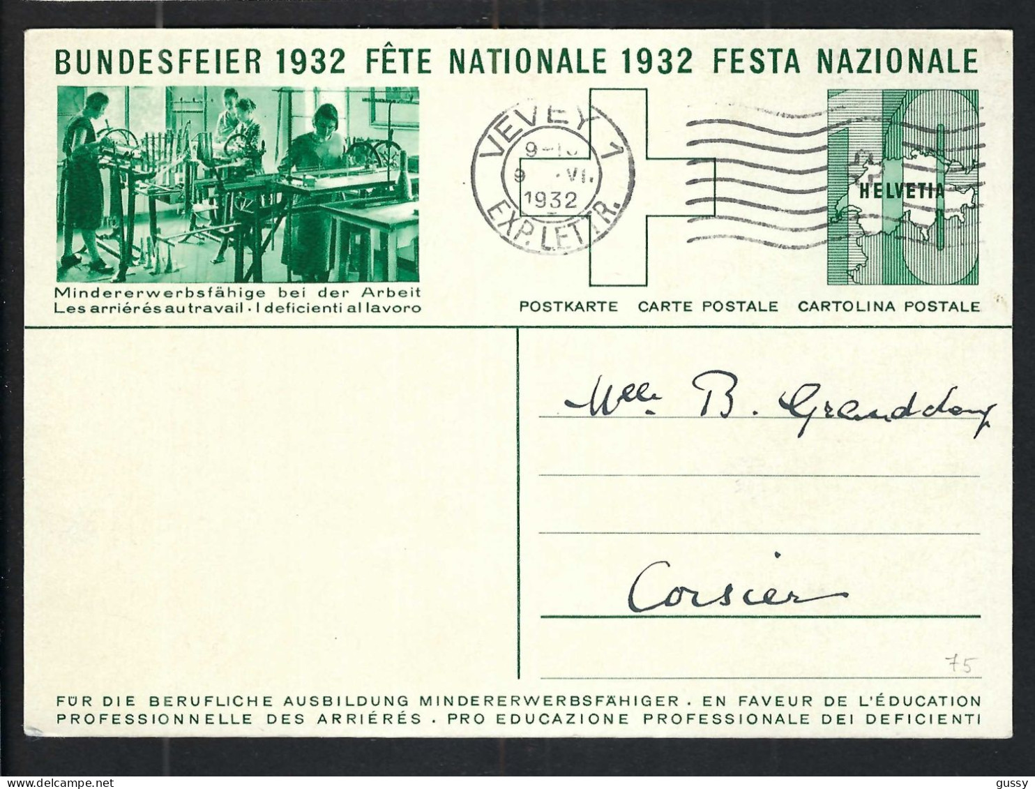 SUISSE Ca.1932: CP Ill. Entier De 10c De La Fête Nationale Suisse, Obl. CAD Vevey (VD) Pour Corsier (GE) - Entiers Postaux