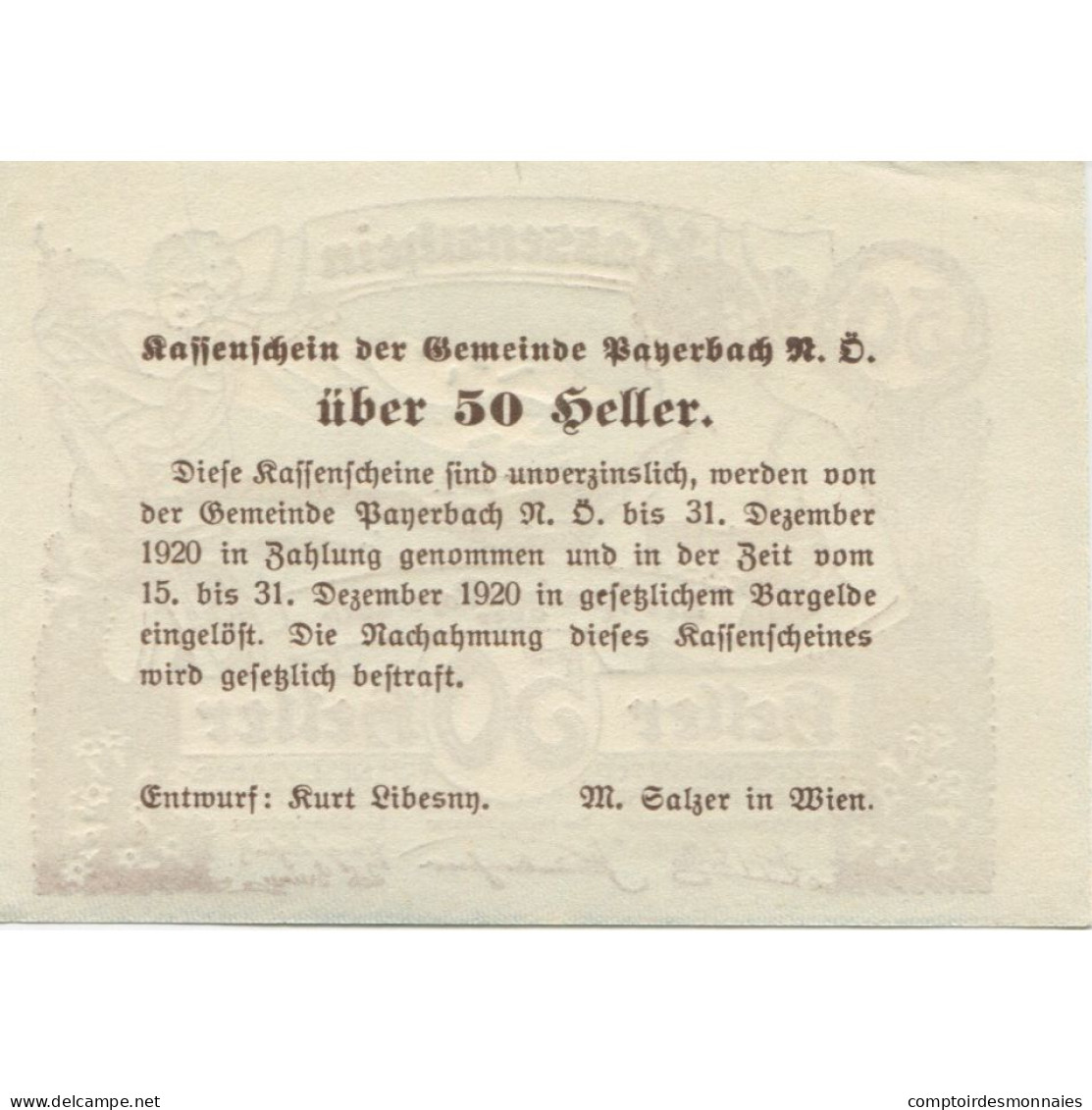 Billet, Autriche, Payerbach, 50 Heller, Paysage 1920-12-31, SPL Mehl:FS 725 - Oesterreich