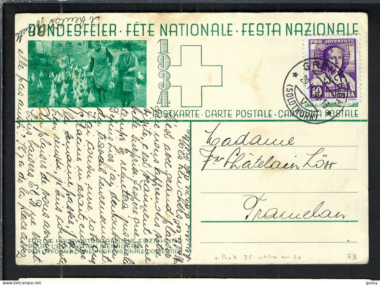 SUISSE Ca.1934: CP Ill. Entier De 10c De La Fête Nationale Suisse, Obl. CAD Grenchen (SO) Pour Tramelan (BE) - Entiers Postaux