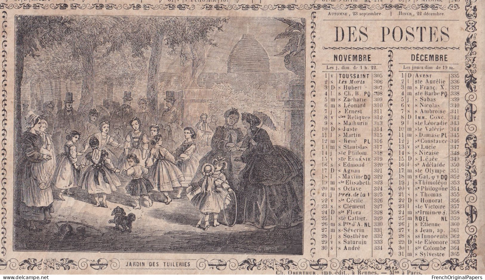 Almanach Des Postes - Rare Calendrier 1867 Oberthur Rennes - Gravure Jardin Des Tuileries Paris - Empire Poste GFE1-19 - Tamaño Grande : ...-1900