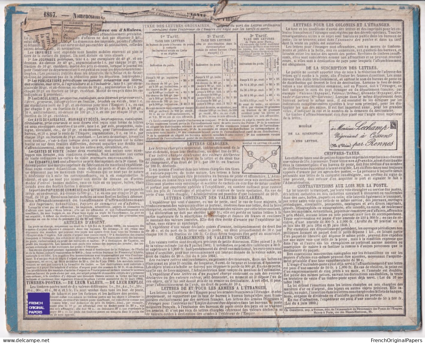 Almanach Des Postes - Rare Calendrier 1867 Oberthur Rennes - Gravure Jardin Des Tuileries Paris - Empire Poste GFE1-19 - Grand Format : ...-1900