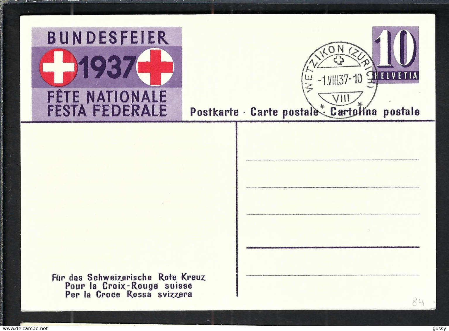 SUISSE Ca.1937: CP Ill. Entier De 10c De La Fête Nationale Suisse, Obl. CAD Wetzikon, Pas Circulé - Entiers Postaux