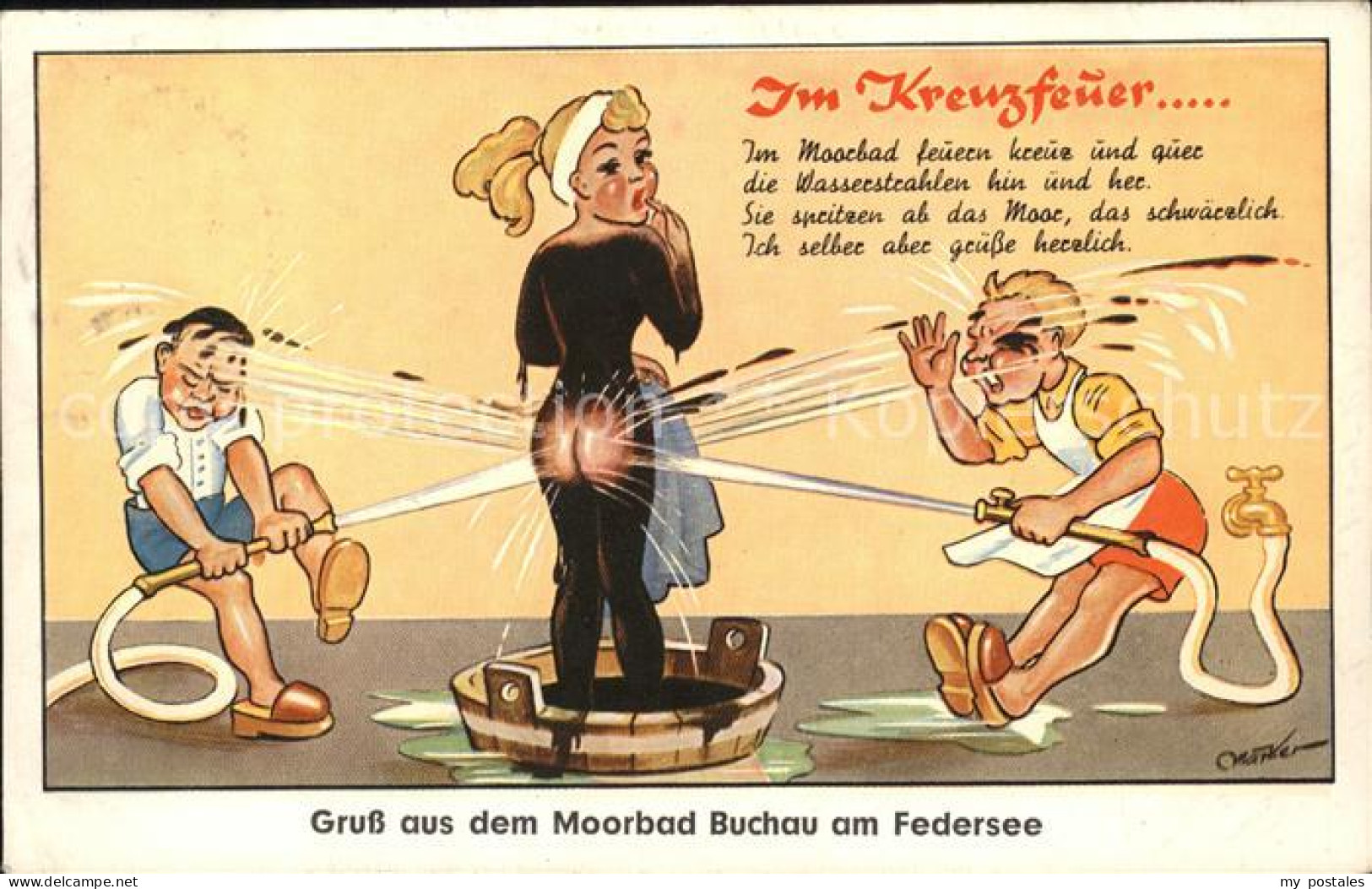 41573494 Bad Buchau Federsee Kuenstlerkarte Komik Im Kreuzfeuer Jungen Bespritze - Bad Buchau