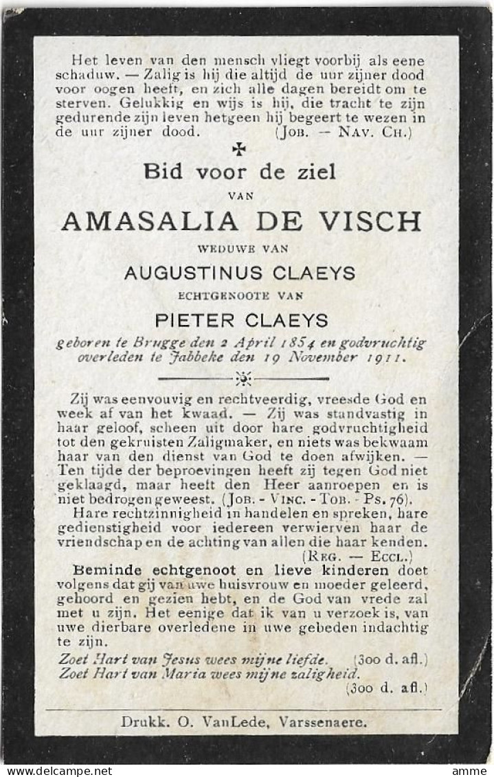 Doodsprentje  *  De Visch Amasalia (° Brugge 1854 / + Jabbeke 1911)  X Claeys Augustinus, Claeys Pieter - Religion & Esotérisme