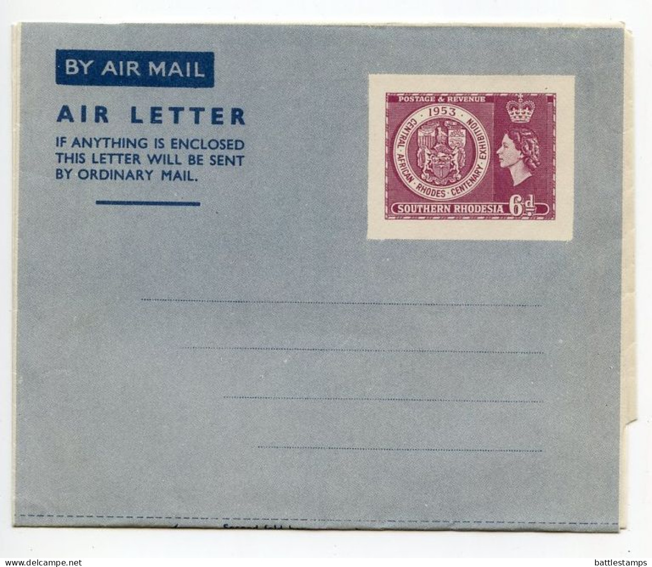 Southern Rhodesia 1953 Mint Aerogramme / Air Letter - 6d. Central African Rhodes Centenary Exhibition & QEII - Southern Rhodesia (...-1964)