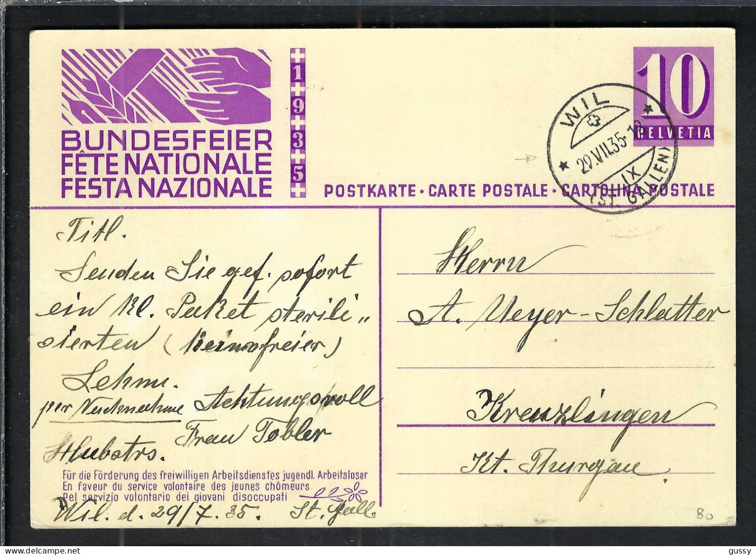 SUISSE Ca.1935: CP Ill. Entier De 10c De La Fête Nationale Suisse, Obl. CAD De Wil (SG) Pour Kreuzlingen (TG) - Entiers Postaux