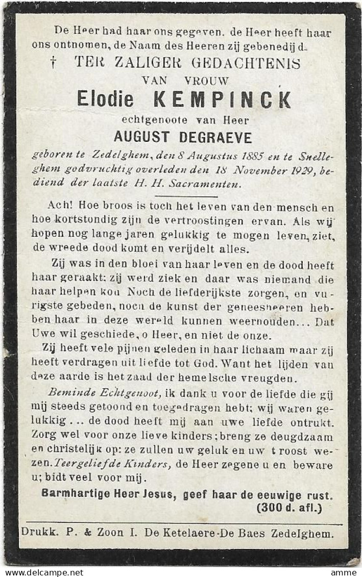 Doodsprentje  *  Kempinck Elodie (° Zedelgem 1885 / + Snellegem 1929)  X Degraeve August - Religion & Esotérisme