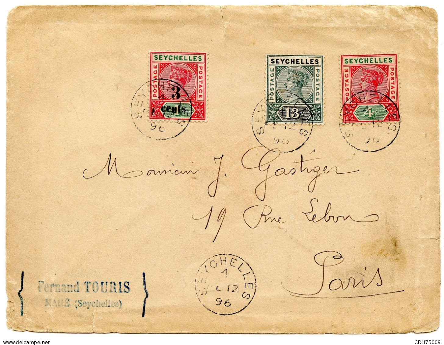 SEYCHELLES - LETTRE DES SEYCHELLES POUR PARIS, 1896 - Seychellen (...-1976)