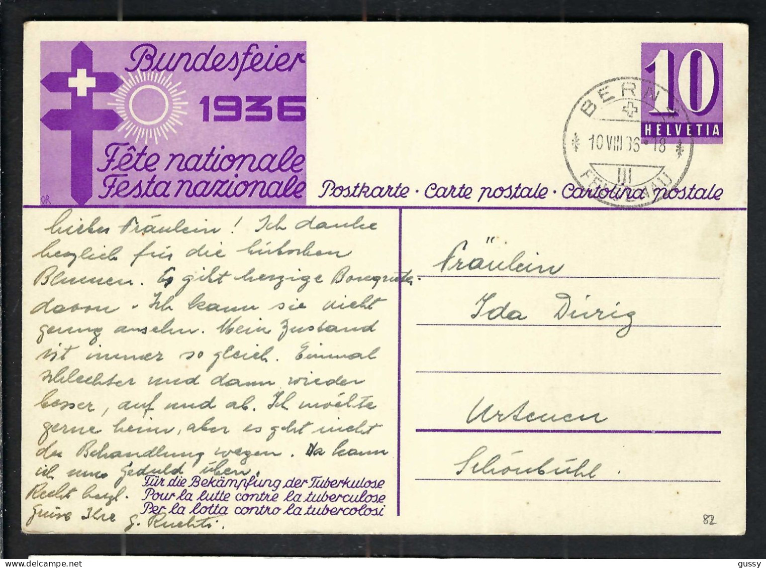 SUISSE Ca.1936: CP Ill. Entier De 10c De La Fête Nationale Suisse, Obl. CAD De BERNE (BE) Pour URTENEN (BE) - Entiers Postaux