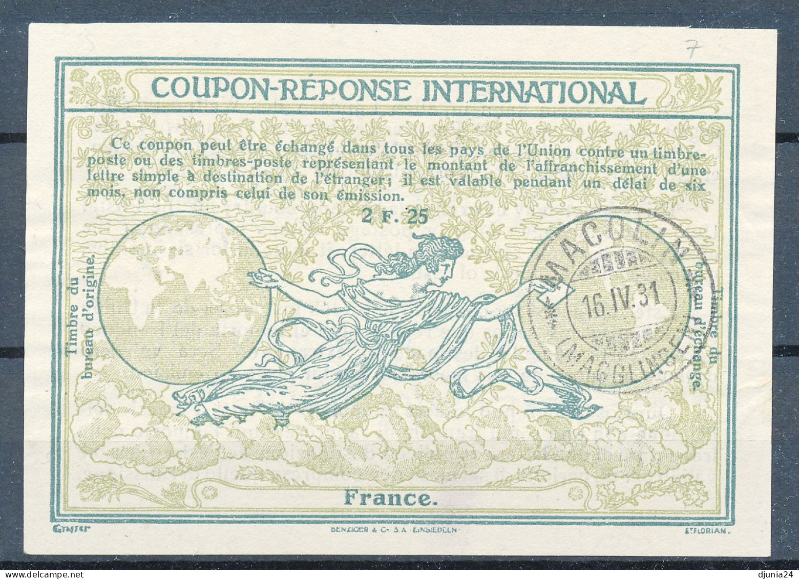 BF0232 / FRANCE  -  1931  ,  2 F. 25   -  Type Ro8   -   Reply Coupon Reponse - Reply Coupons