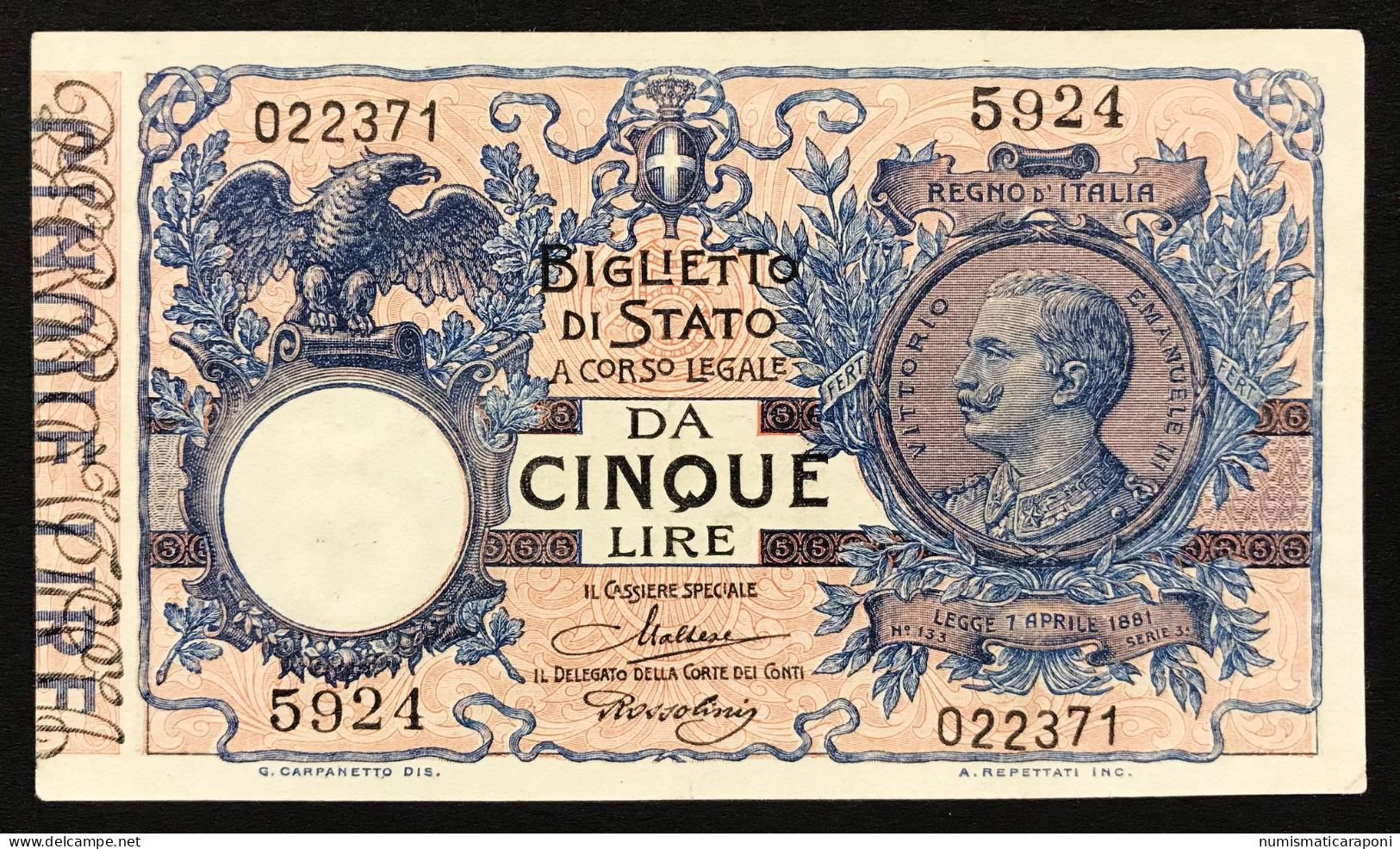 5 LIRE VITTORIO EMANUELE III° 19 09 1923 MALTESE ROSSOLINI Spl+ Pressato LOTTO 1779 - Italië– 5 Lire