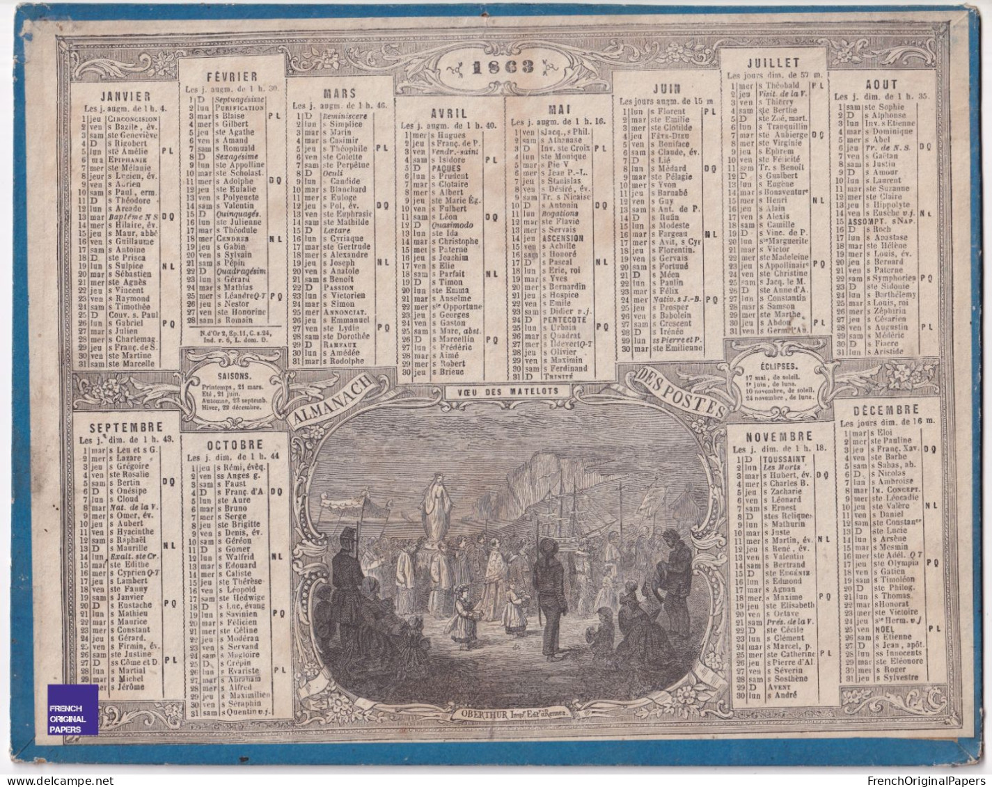 Almanach Des Postes - Rare Calendrier 1863 Oberthur Rennes - Gravure Voeu Des Matelots Bretagne Empire Poste E1-28 - Grand Format : ...-1900