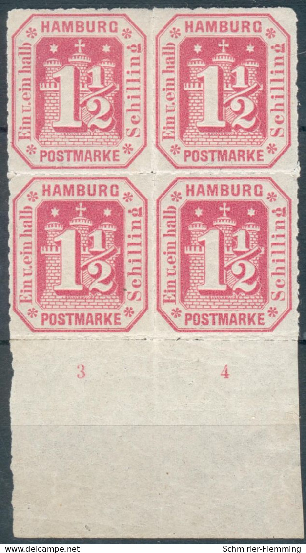 Hamburg Neudruck 4er Block Der Mi.-Nr.21** Mit Unterrand Und Reihennummer 3,4 - Hamburg