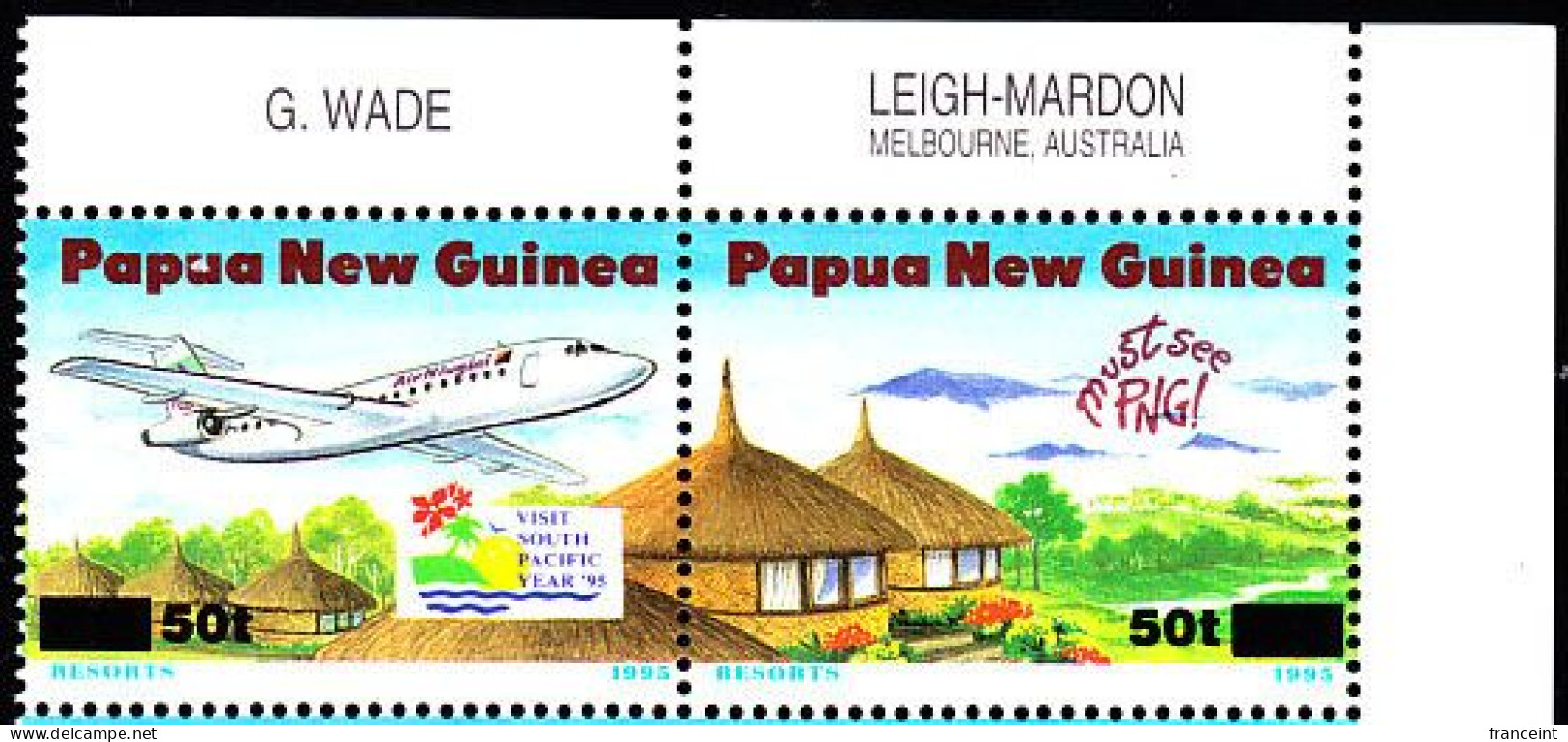 PAPUA & NEW GUINEA(1995) Air Niugini Jet. Native Huts. Reproduction Of Artwork For PNG Tourism Issue Se-tenant Pair By A - Papouasie-Nouvelle-Guinée