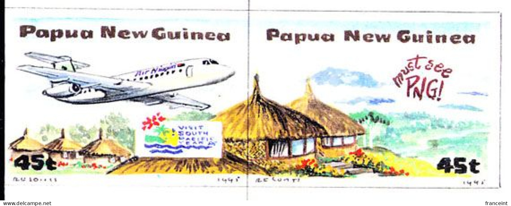 PAPUA & NEW GUINEA(1995) Air Niugini Jet. Native Huts. Reproduction Of Artwork For PNG Tourism Issue Se-tenant Pair By A - Papouasie-Nouvelle-Guinée