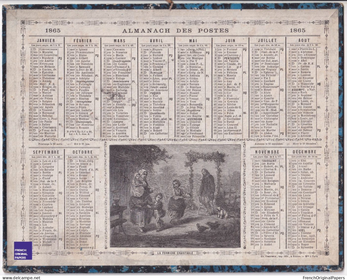 Almanach Des Postes - Rare Calendrier 1865 Oberthur Rennes - Gravure La Fermière Charitable Mendiant Empire Poste E1-32 - Big : ...-1900