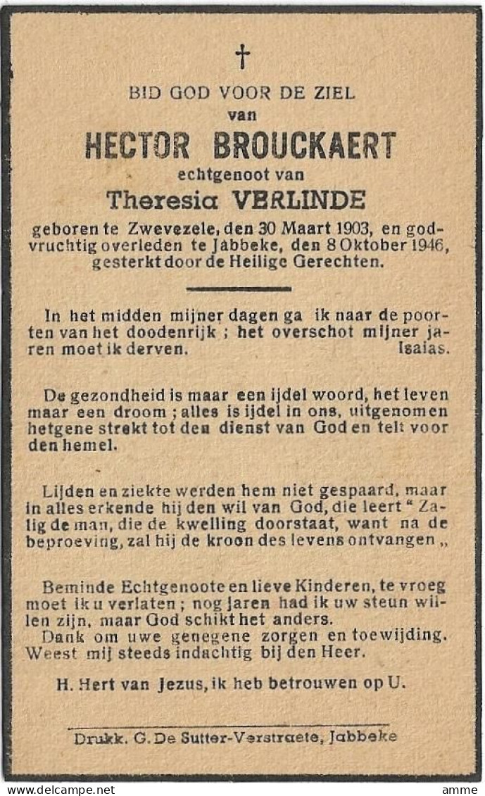 Doodsprentje  *  Brouckaert Hector (° Zwevezele 1903 / + Jabbeke 1946)  X Verlinde Theresia - Religion & Esotérisme