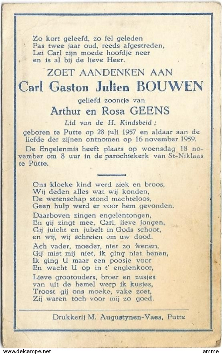 Doodsprentje  *  Bouwen Carl (° Putte 1957 / + 1959)  Zoon Bouwen Arthur & Geens Rosa - Religion & Esotérisme