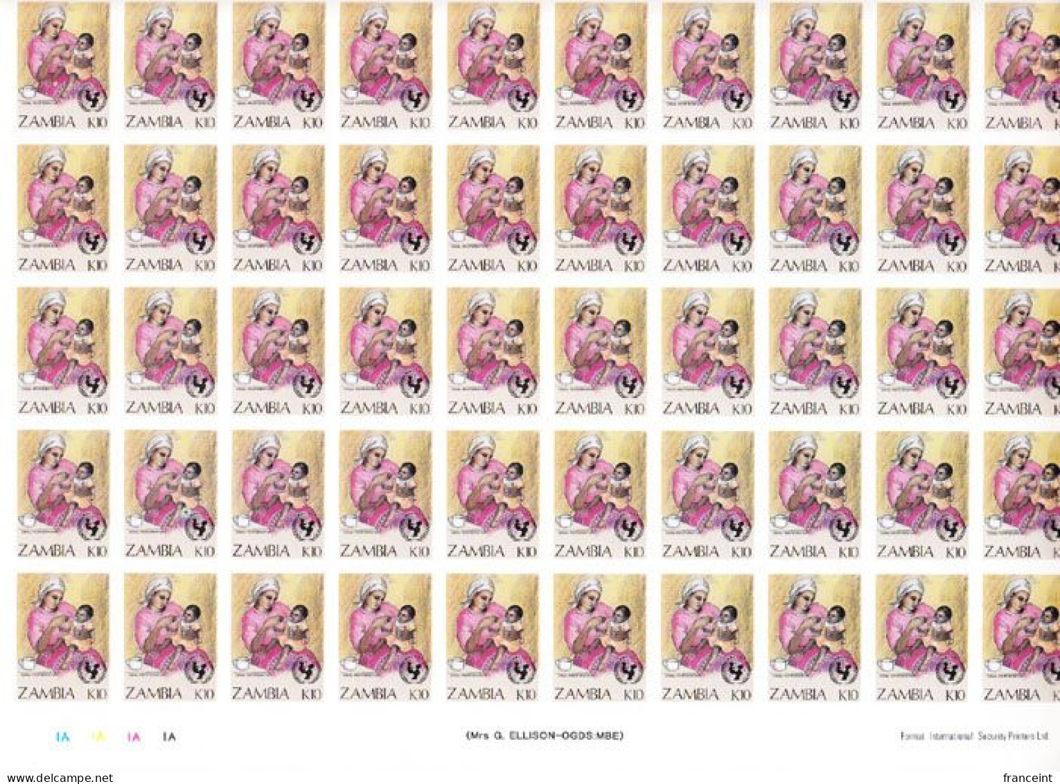 ZAMBIA(1988) Mother Feeding Child. Proof Sheet Of 50 Stamps. Oral Rehydration As Preventive For Infant Mortality. Scott - Zambie (1965-...)