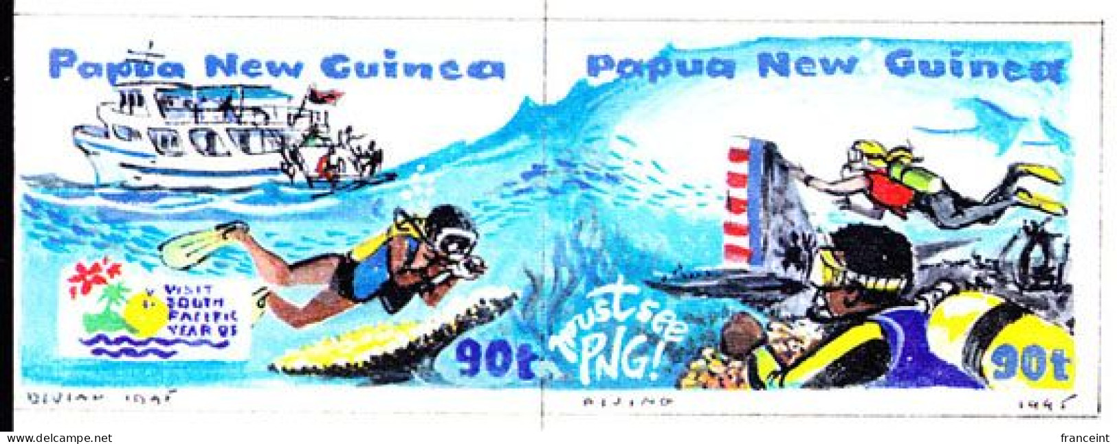 PAPUA & NEW GUINEA(1995) Scuba Divers. Reproduction Of Artwork For PNG Tourism Issue Se-tenant Pair By Artist Graham Wad - Papouasie-Nouvelle-Guinée