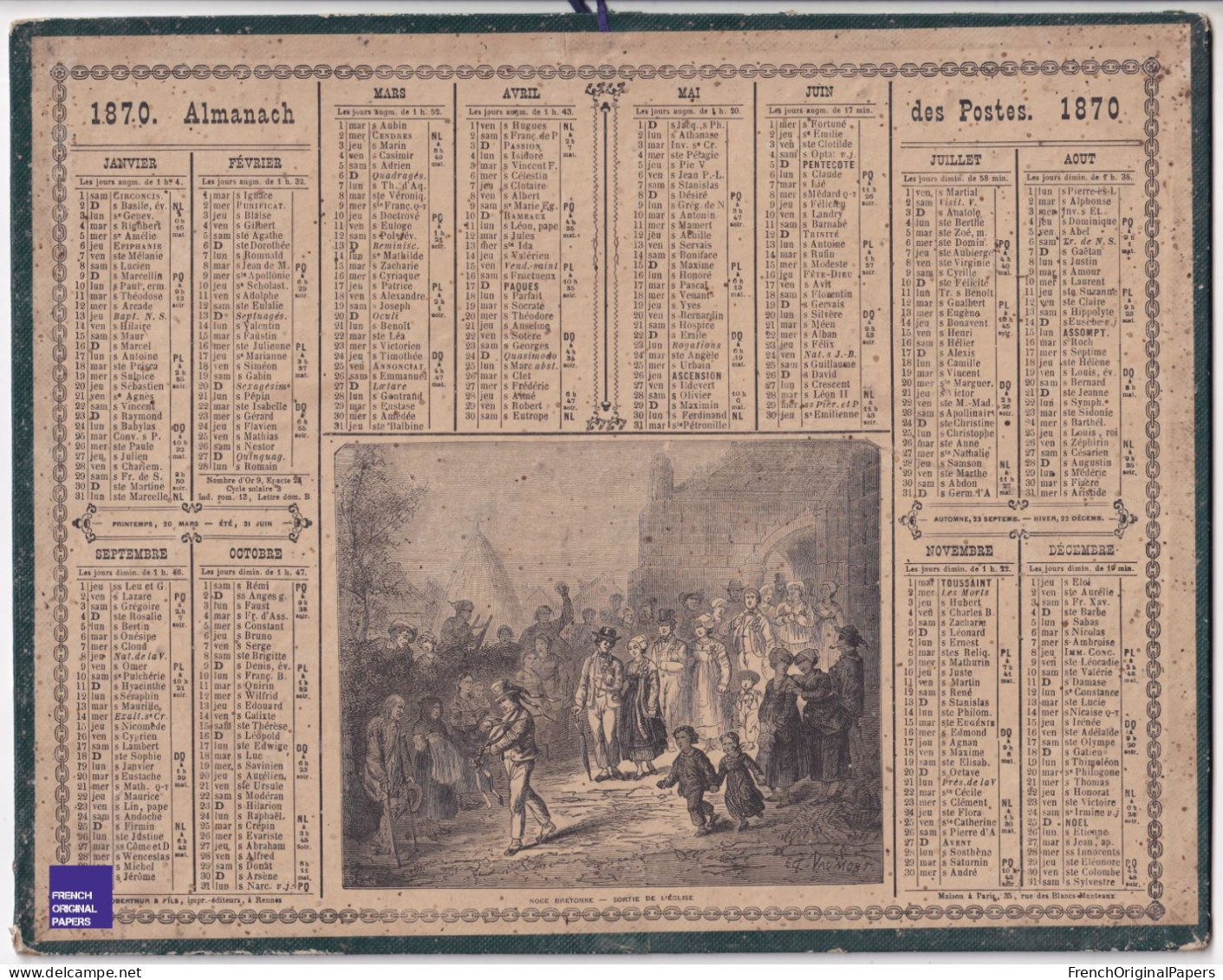 Almanach Des Postes Rare Calendrier 1870 Oberthur Rennes Paris Gravure Noce Bretonne Eglise Bretagne Mariage Poste E1-34 - Big : ...-1900