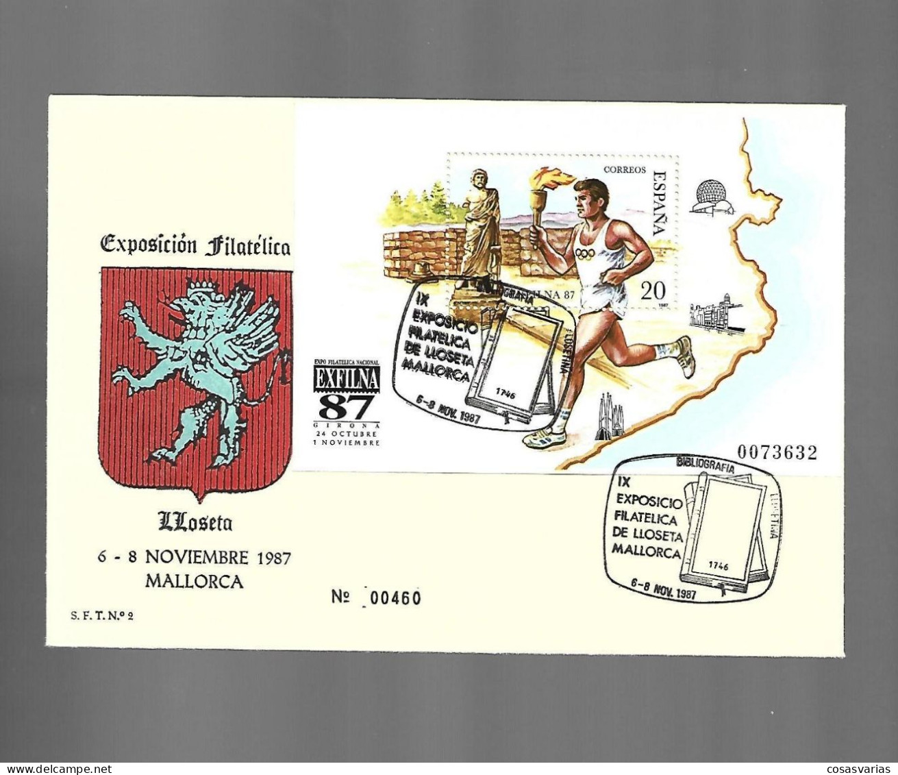 EXPOSICIÓN FILATELICA LLOSETA Mallorca 1987 HOJA EXFILNA 87 ENTERO MATASELLO ESPECIAL CONMEMORATIVO LETTRE COVER - Hojas Conmemorativas