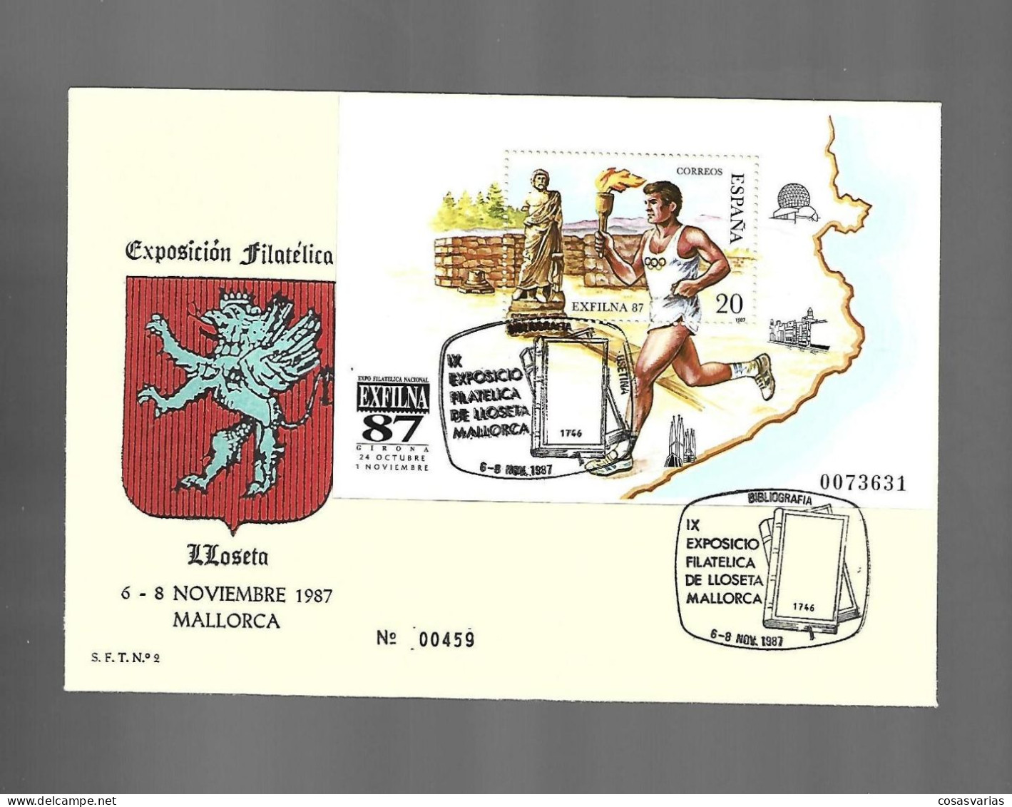 EXPOSICIÓN FILATELICA LLOSETA Mallorca 1987 HOJA EXFILNA 87 ENTERO MATASELLO ESPECIAL CONMEMORATIVO LETTRE COVER - Hojas Conmemorativas