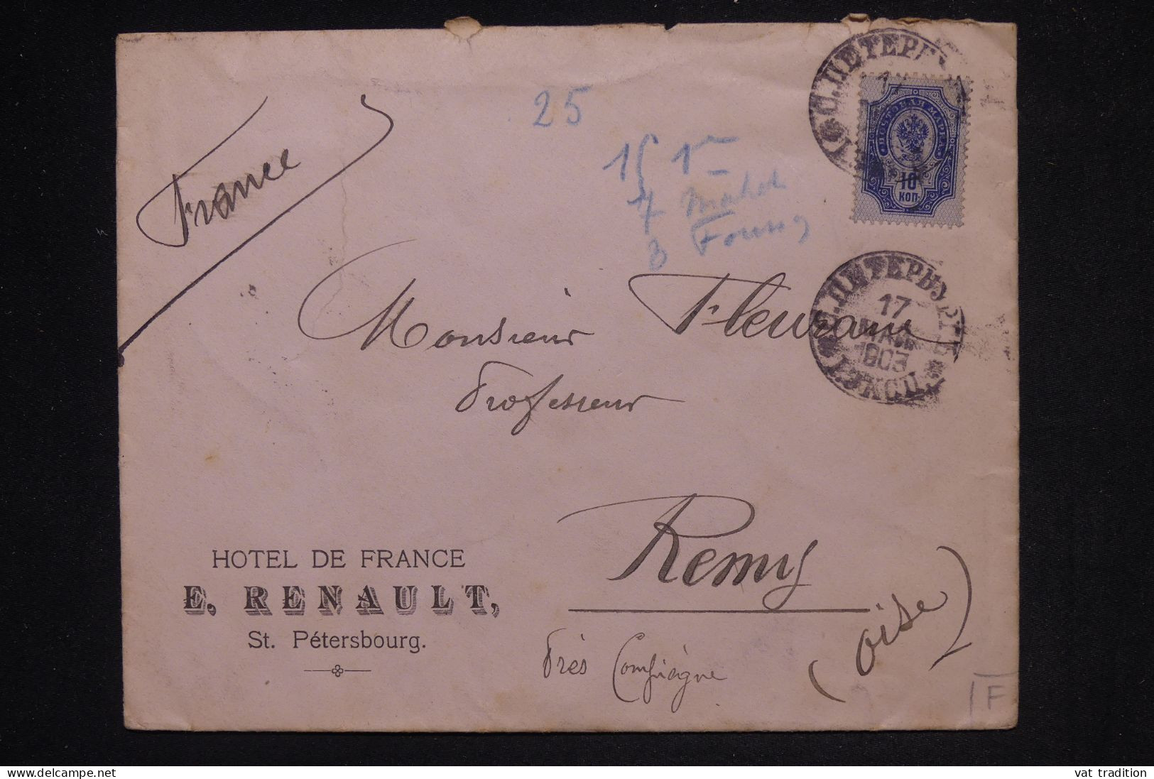 RUSSIE -  Enveloppe De L'Hôtel De France De St Petersbourg Pour La France En 1903 - L 149430 - Lettres & Documents
