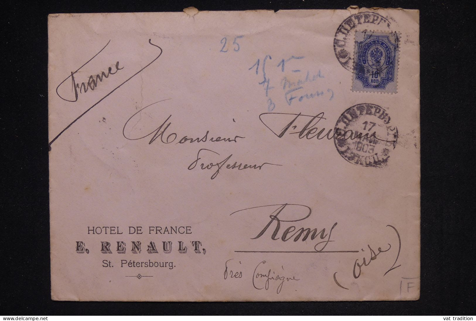 RUSSIE -  Enveloppe De L'Hôtel De France De St Petersbourg Pour La France En 1903 - L 149430 - Storia Postale