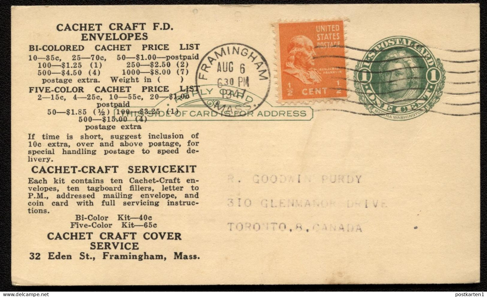 UY7r Postal Card Used Framingham MA To Toronto CANADA 1947 PREXIE - 1901-20