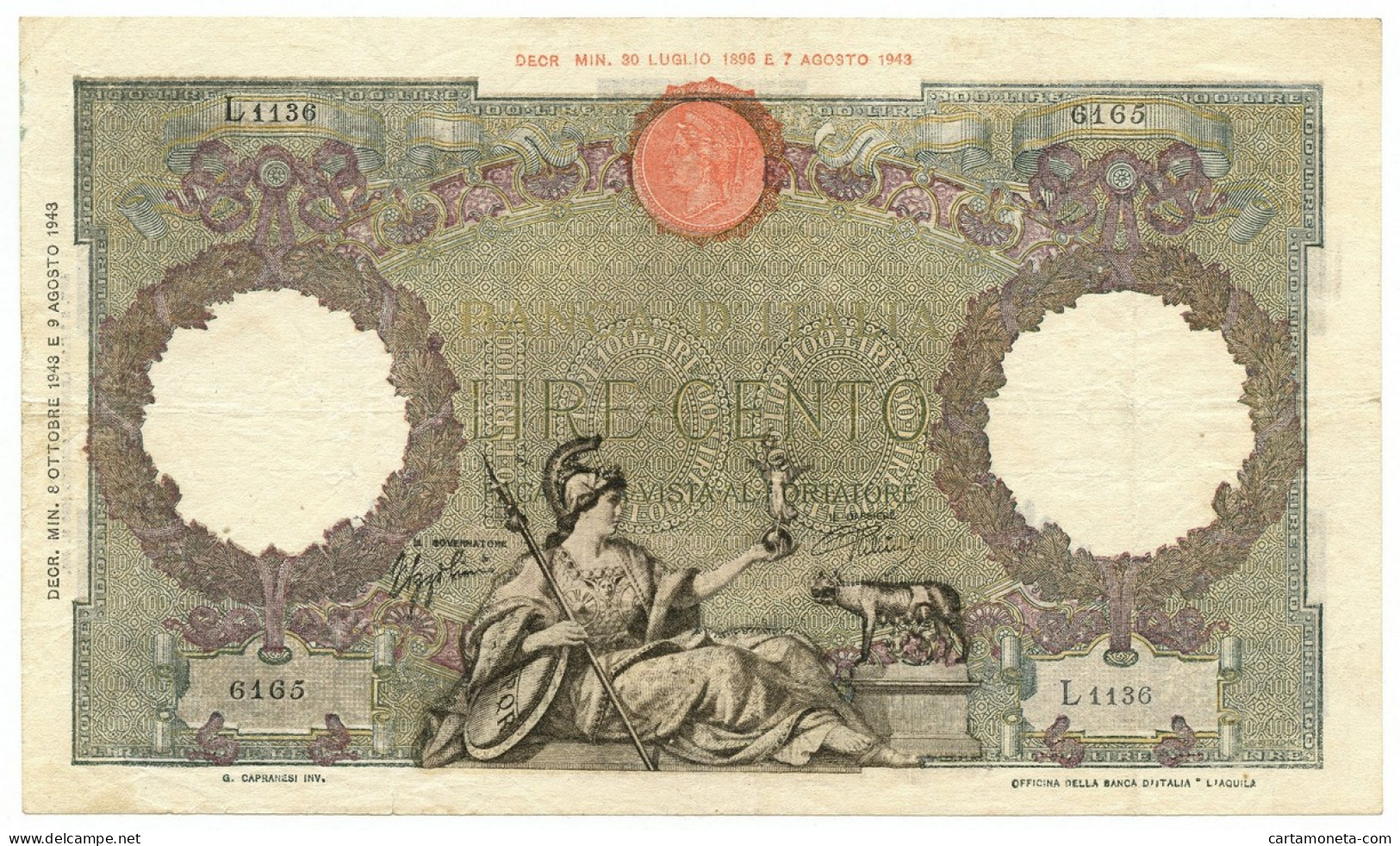 100 LIRE CAPRANESI AQUILA ROMANA TESTINA RETRO BI RSI 08/10/1943 BB - Andere