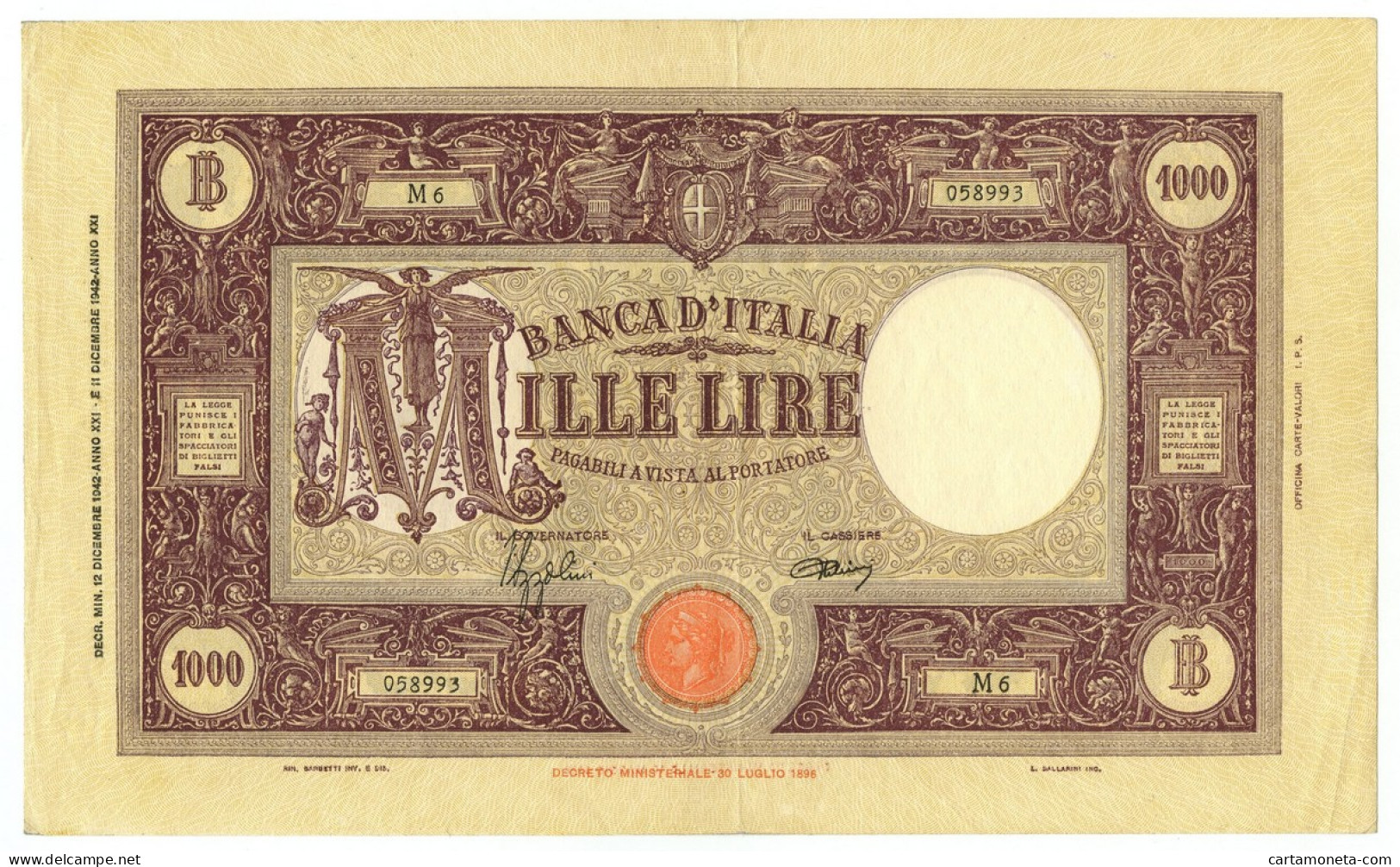 1000 LIRE BARBETTI GRANDE M TESTINA FASCIO II TIPO 12/12/1942 BB+ - Sonstige