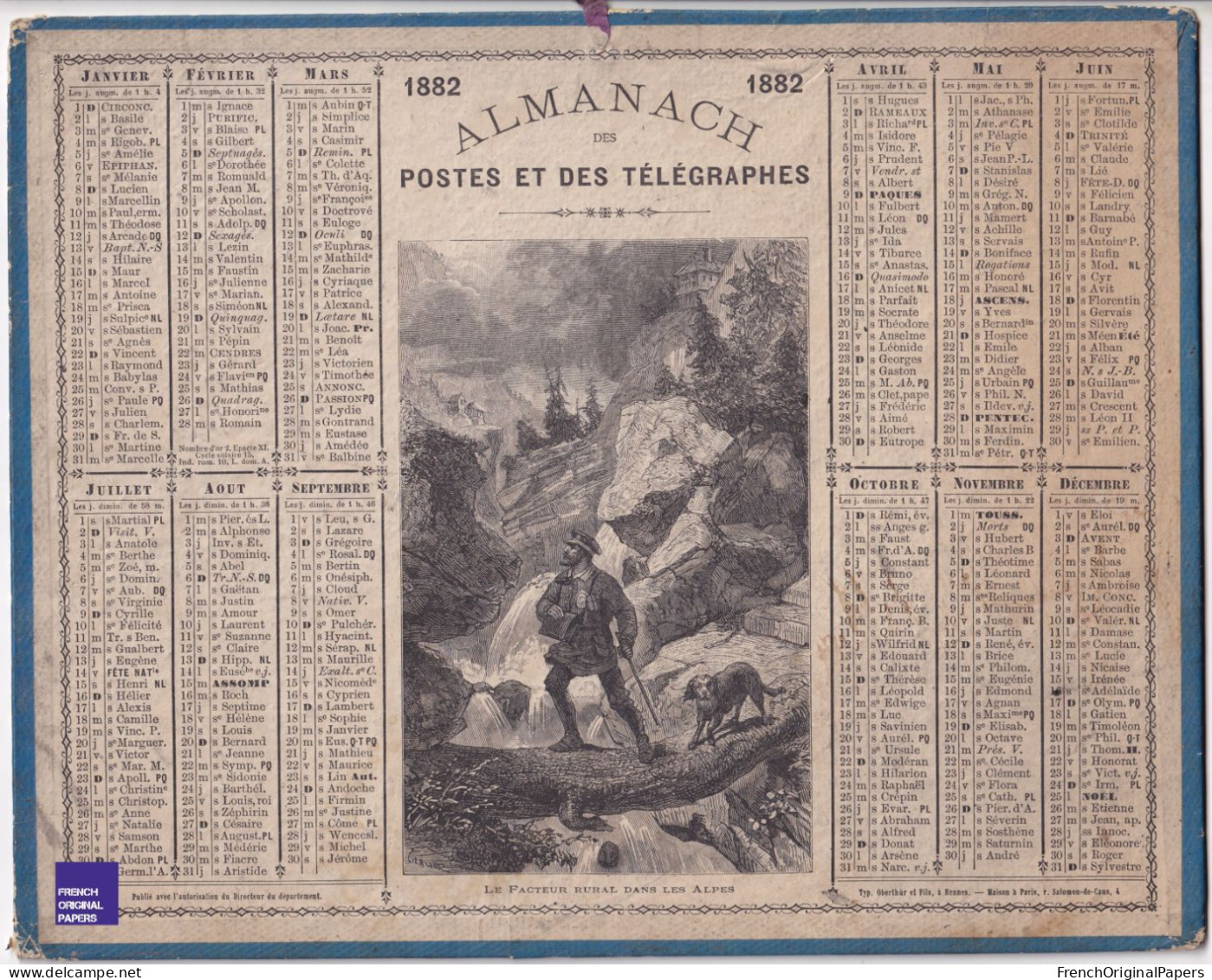 Almanach Des Postes Et Télégraphes- Rare Calendrier 1882 Oberthur Rennes Paris Gravure Facteur Dans Les Alpes Poste E2-3 - Big : ...-1900