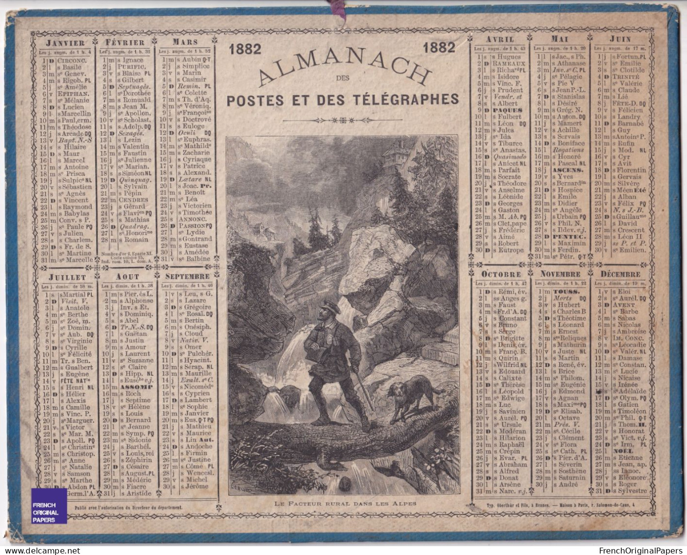 Almanach Des Postes Et Télégraphes- Rare Calendrier 1882 Oberthur Rennes Paris Gravure Facteur Dans Les Alpes Poste E2-3 - Grand Format : ...-1900
