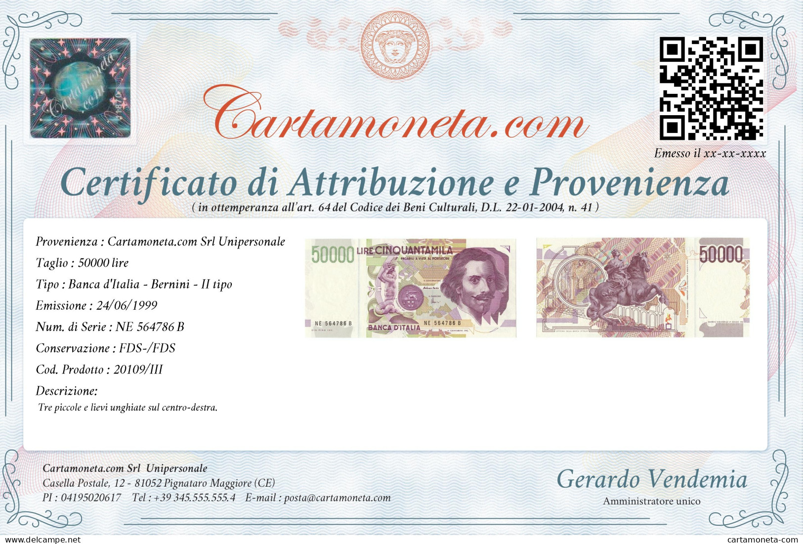 50000 LIRE GIAN LORENZO BERNINI II TIPO LETTERA E 24/06/1999 FDS-/FDS - Altri & Non Classificati