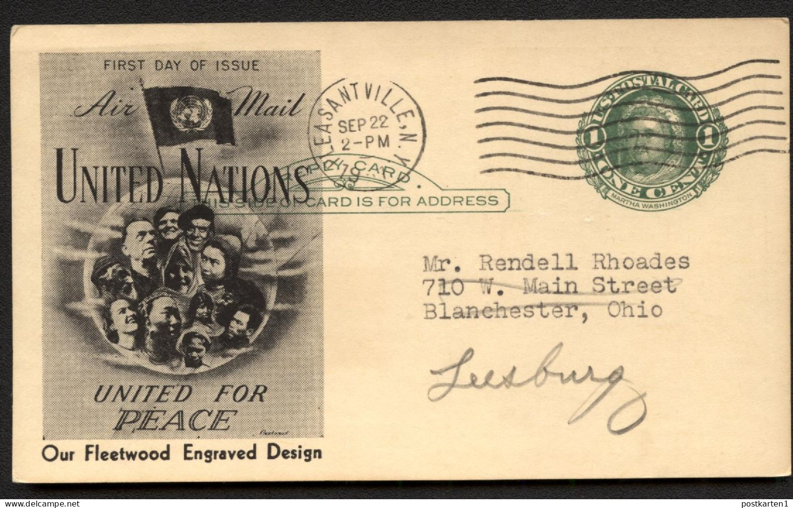 UY7r Postal Card FDC UNO Fleetwood Pleasantville NY 1951 - 1901-20