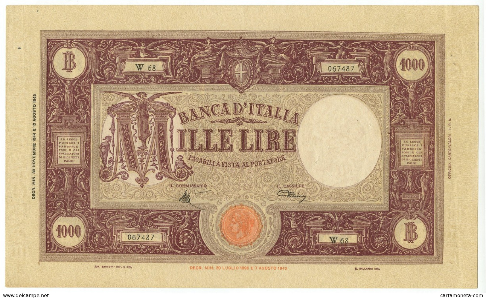 1000 LIRE BARBETTI GRANDE M TESTINA COMMISSARIO INTRONA 30/11/1944 QSPL - Regno D'Italia - Altri