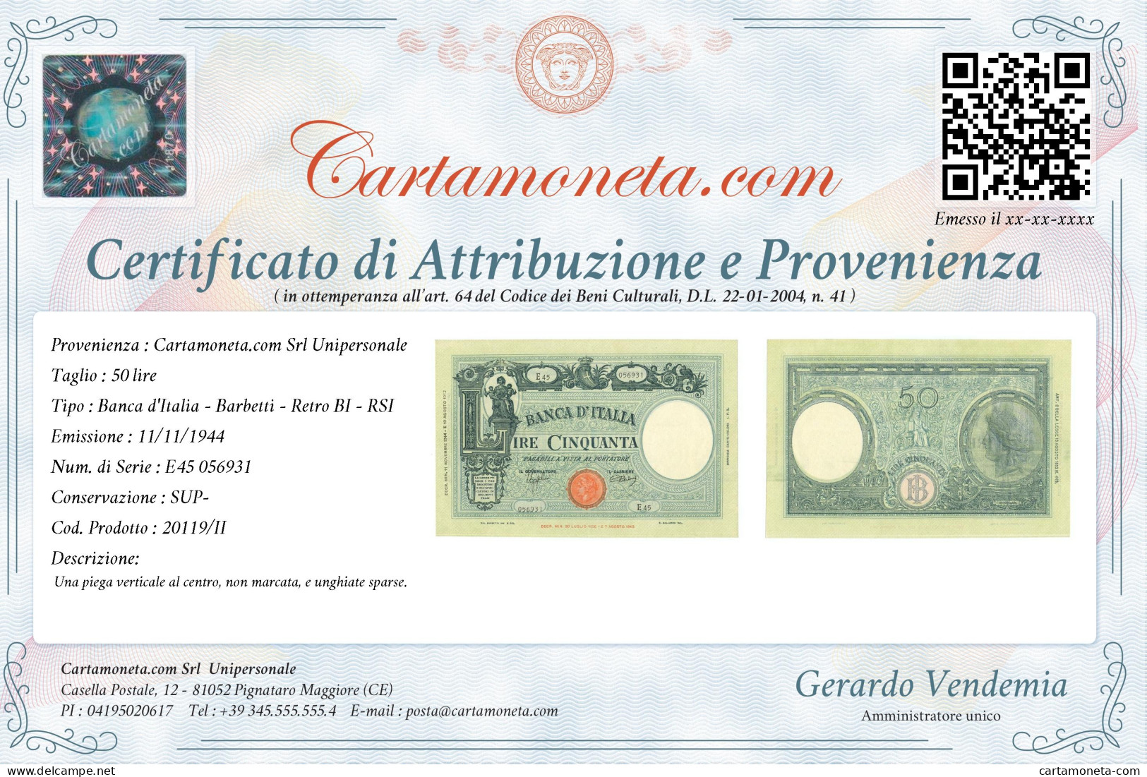 50 LIRE BARBETTI GRANDE L SENZA MATRICE BI RSI 11/11/1944 SUP- - Sonstige