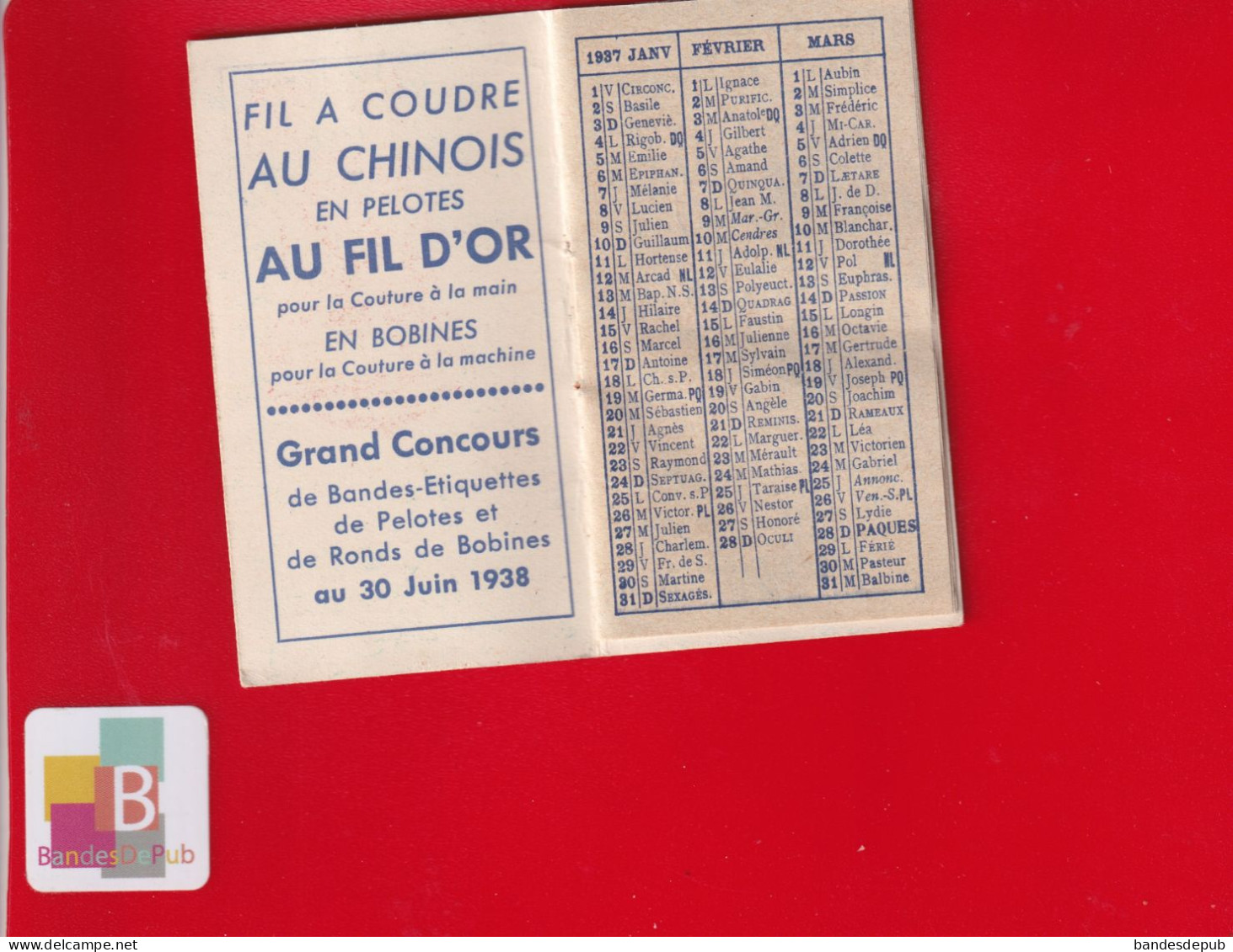 Rare Carnet Calendrier 1937 FIL AU CHINOIS Vrau Lille En Bel état Bien Complet - Petit Format : 1921-40