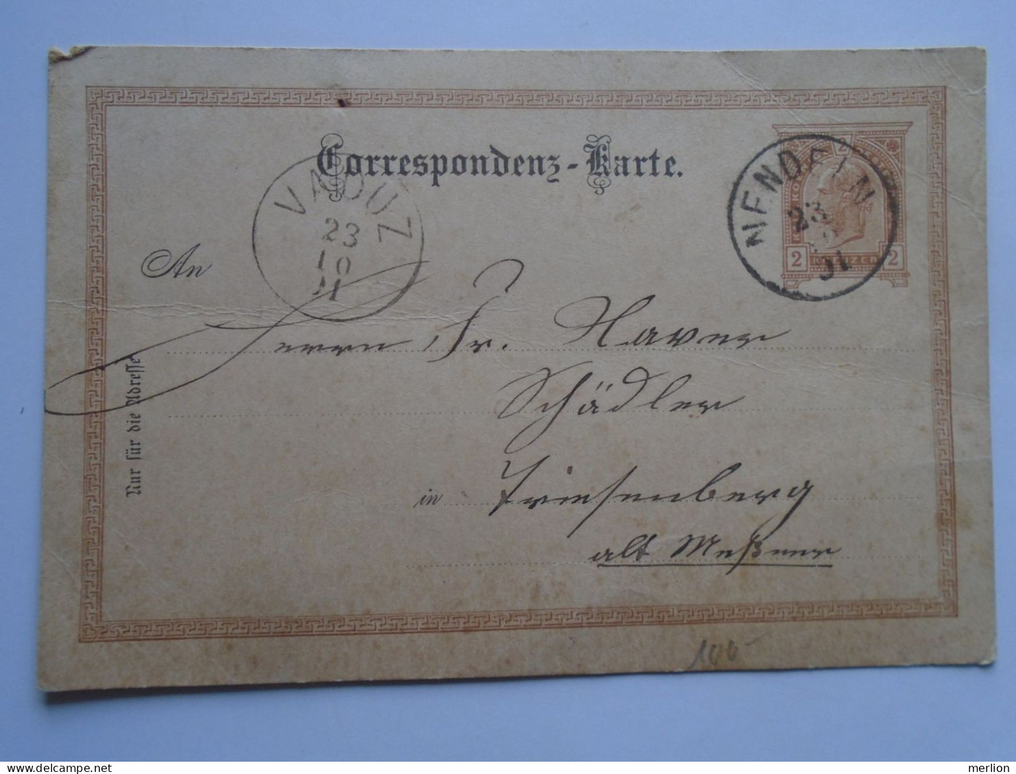 D200561 Liechtenstein (Austria- Österreich) Postal Stationery -Entier -Ganzsache -1891 NENDELN-VADUZ-sent To Triesenberg - Postwaardestukken