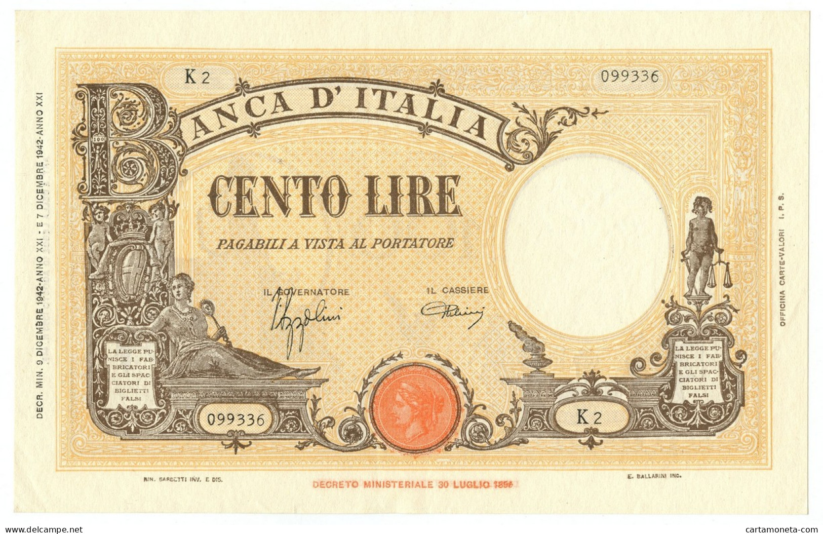 100 LIRE BARBETTI GRANDE B GIALLO TESTINA FASCIO 09/12/1942 SPL- - Otros