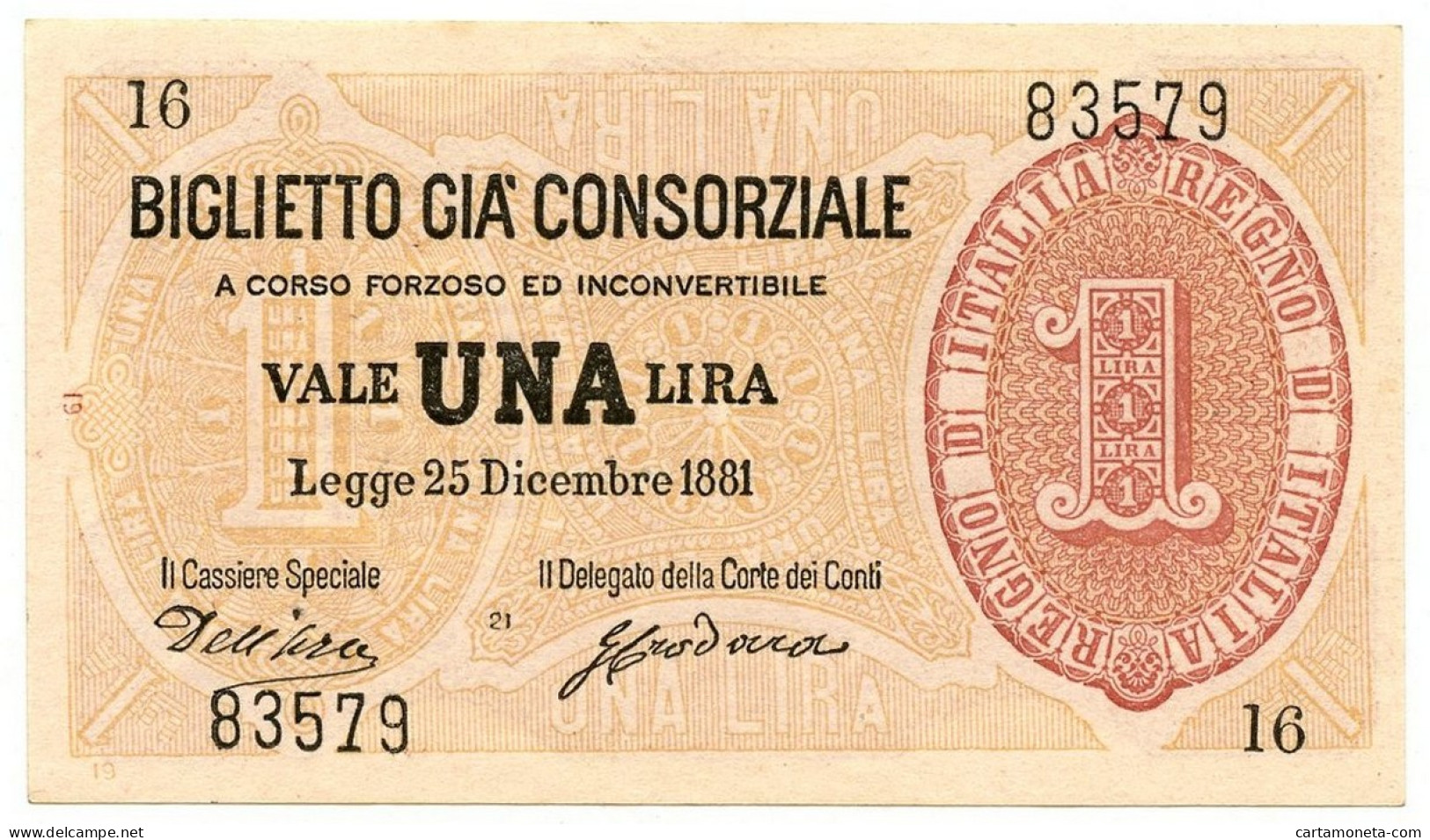 1 LIRA BIGLIETTO GIÀ CONSORZIALE REGNO D'ITALIA 25/12/1881 QFDS - Biglietti Gia Consorziale